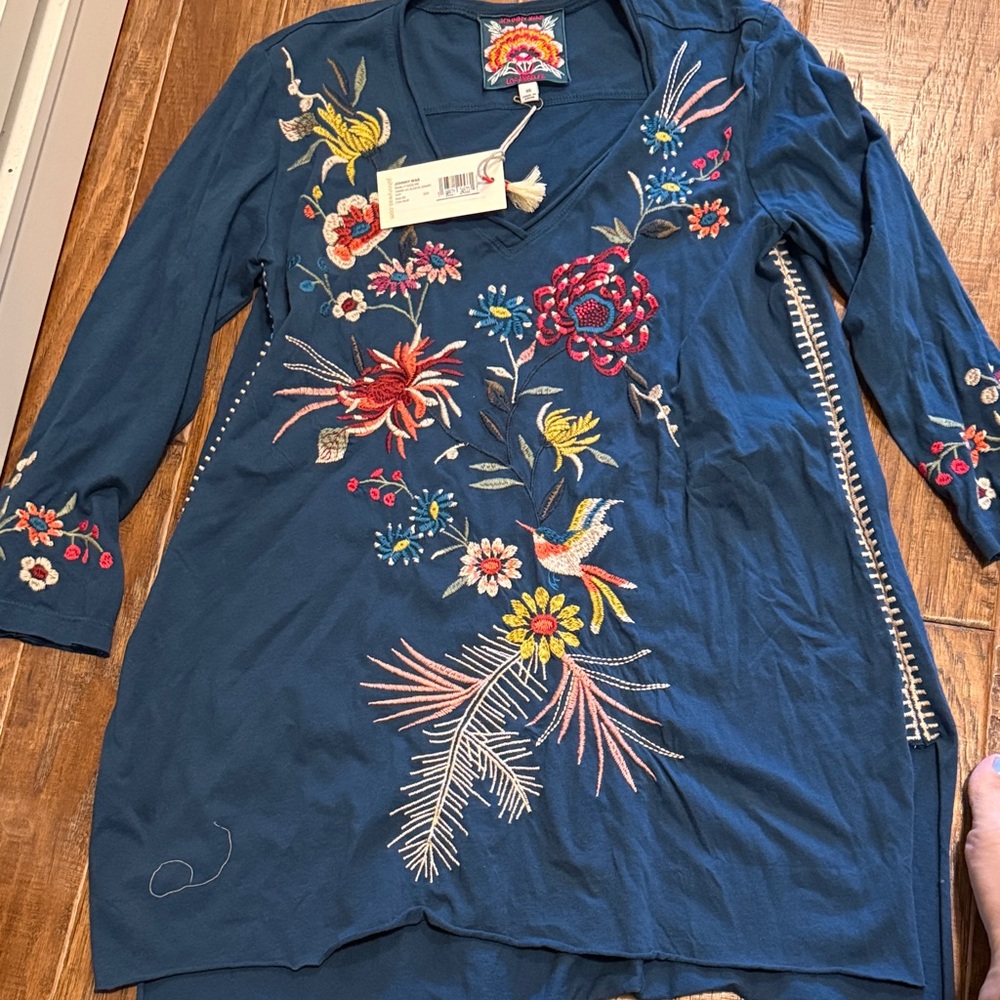 Johnny Was Blue Drape Top with Floral Embroidery